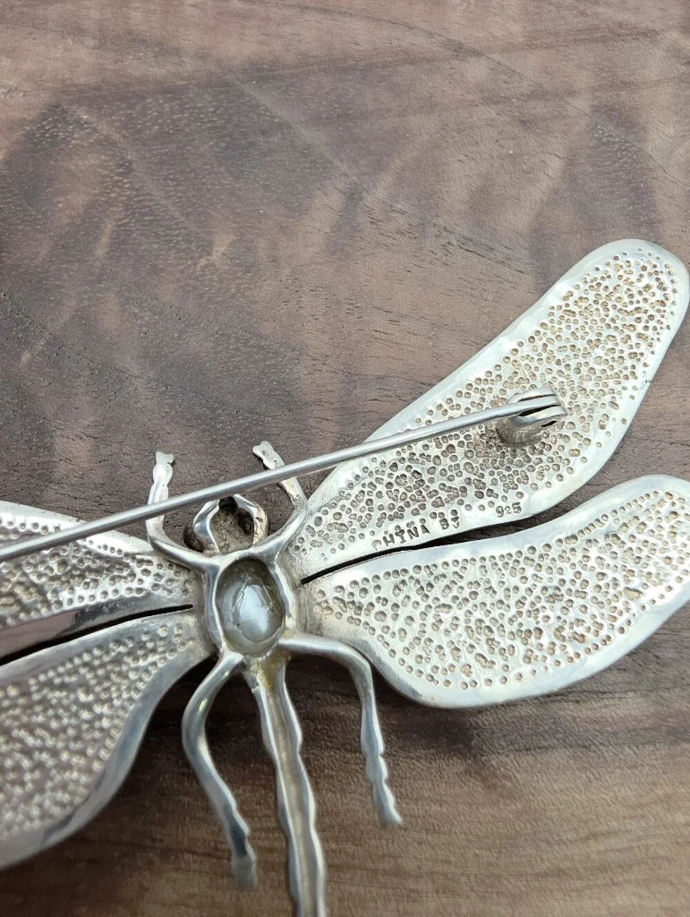 Vintage Dragonfly Insect Brooch Pearl Repousse Art Nouveau 925 Sterling Silver